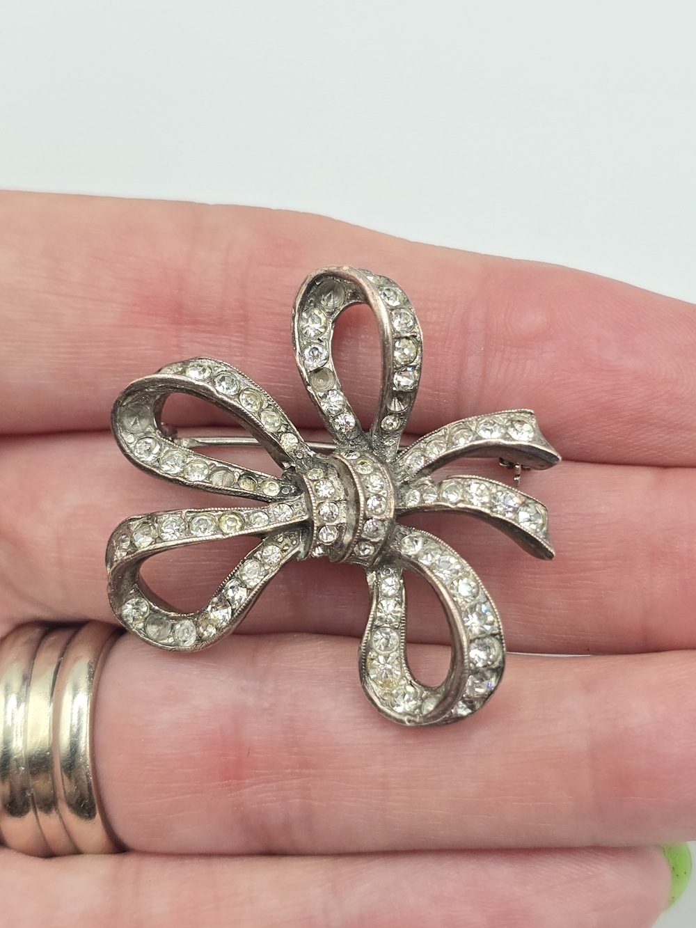 VTG Crown Trifari Sterling Silver Rhinestone Bow Brooch Pin 1-3/8" READ 11g